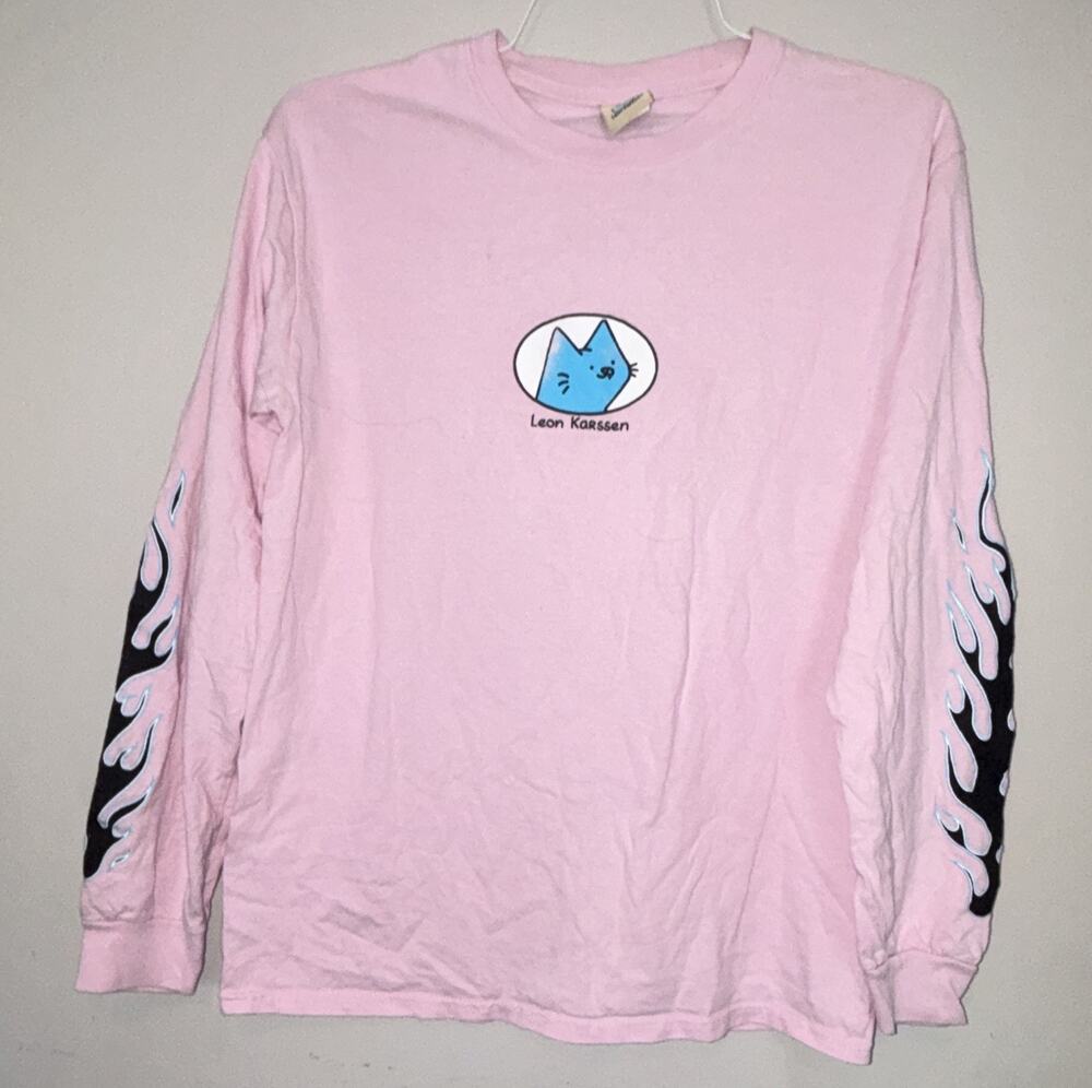 Leon Karssen Men's M Pink Cotton Cat Graphic Print Crew Neck Long Sleeve Tee